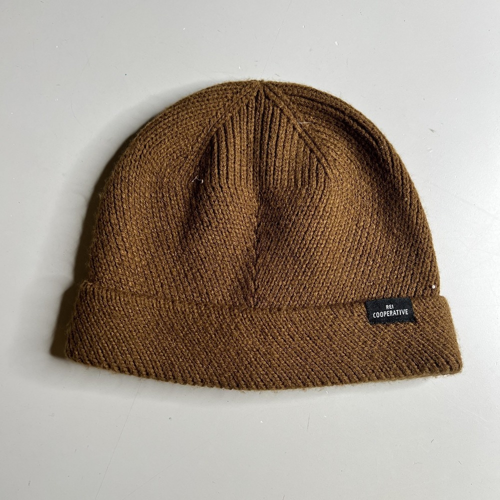 REI Co-op Mens Beanie Brown Ribbed Knit Cuffed Watch Cap One Size Hat